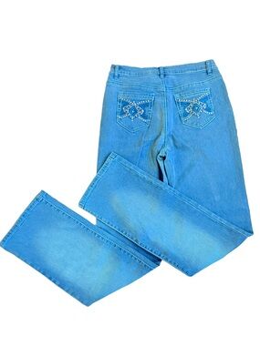 DG2 Diane Gilman Embroidered Rhinestone Jeans Women 6T Tall Aqua Straight Leg 33